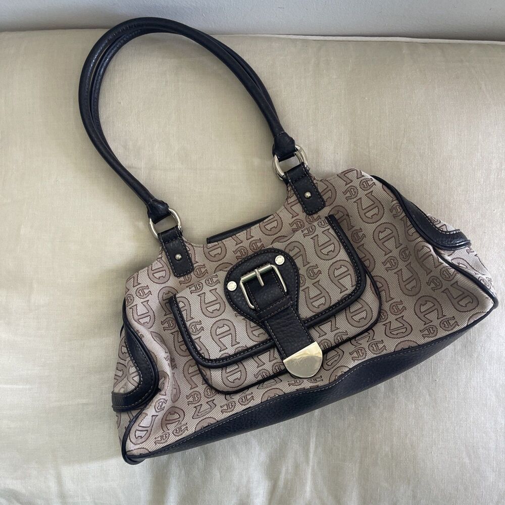 Etienne Aigner Tan Logo Canvas Brown Leather Double Handle Buckle Shoulder Bag